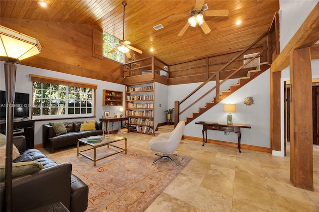 living room with wood ceiling, ceiling fan, and high vaulted ceiling