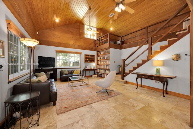 living room featuring ceiling fan, high vaulted ceiling, and wooden ceiling