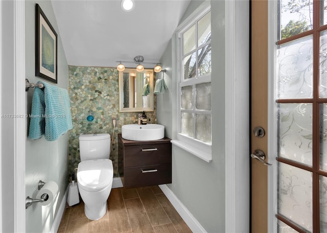 bathroom featuring wood-type flooring, toilet, vanity, and a wealth of natural light