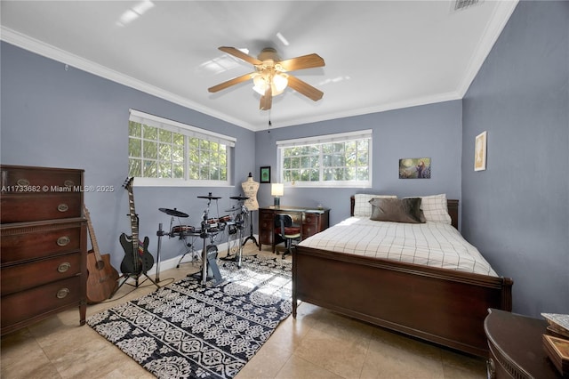 bedroom with crown molding, ceiling fan, and light tile patterned floors