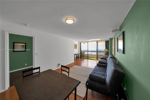 dining area featuring expansive windows and light hardwood / wood-style flooring