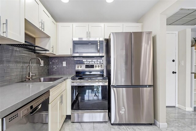 kitchen with tasteful backsplash, sink, stainless steel appliances, and white cabinets