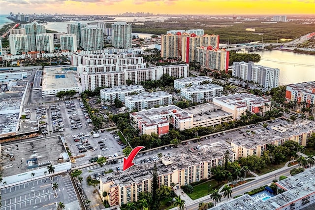 aerial view at dusk with a water view