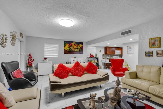 living room featuring a textured ceiling