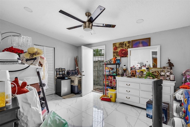 bedroom with access to exterior and ceiling fan