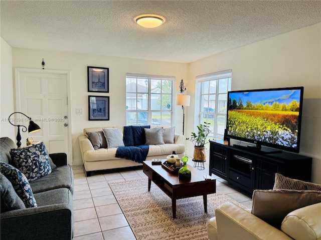 tiled living room with a textured ceiling