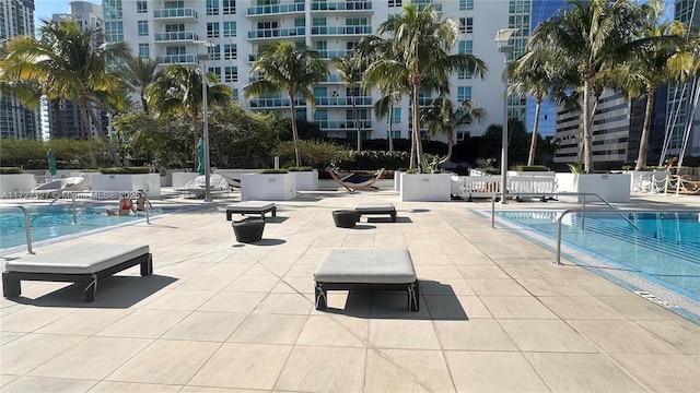 view of swimming pool featuring a patio