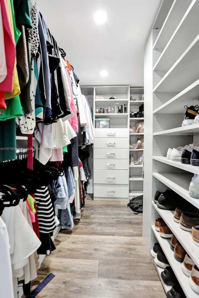 spacious closet featuring light hardwood / wood-style flooring