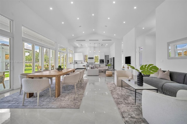 living room featuring high vaulted ceiling