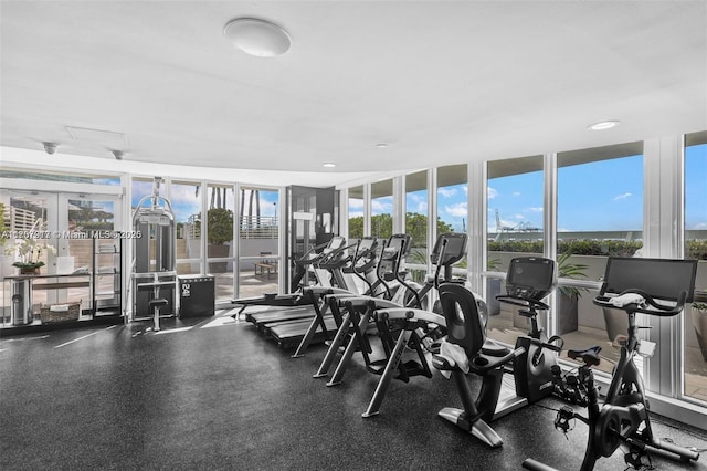 exercise room with floor to ceiling windows, a healthy amount of sunlight, and french doors