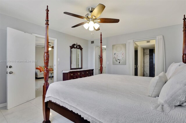 bedroom featuring ceiling fan and light tile patterned flooring