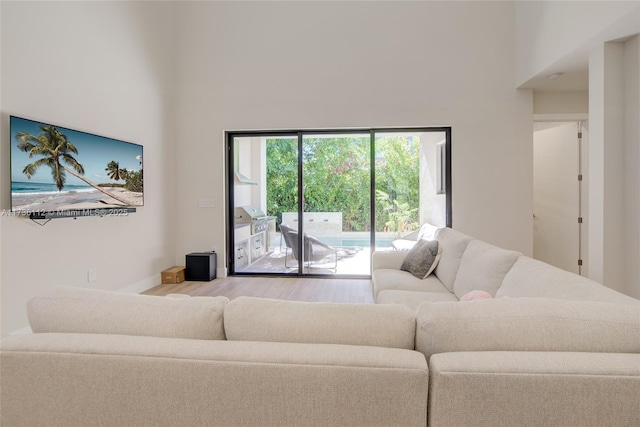 living area with a towering ceiling and wood finished floors