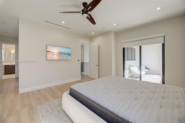 bedroom with visible vents, baseboards, recessed lighting, a ceiling fan, and light wood-type flooring