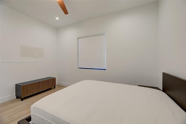bedroom featuring baseboards, ceiling fan, recessed lighting, and light wood finished floors