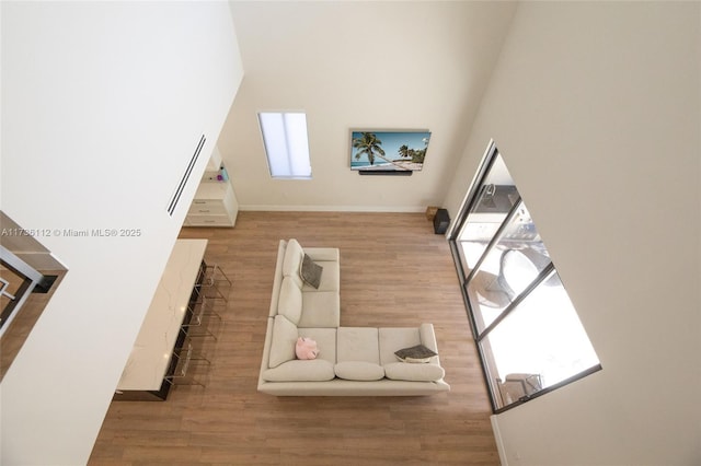 interior space featuring baseboards, wood finished floors, and a towering ceiling