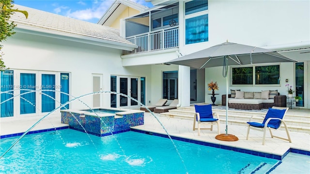 1251 Kane Concourse, Bay Harbor Islands, FL 33154 - view of swimming pool featuring an outdoor hangout area, a patio, a pool with connected hot tub, ceiling fan, and french doors