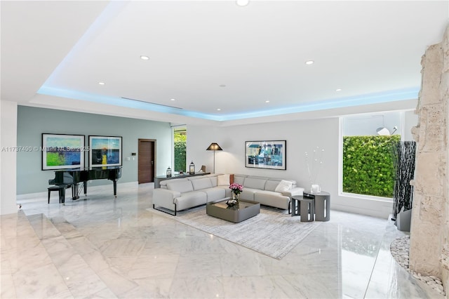 1251 Kane Concourse, Bay Harbor Islands, FL 33154 - living area with light marble finish flooring, a raised ceiling, and recessed lighting