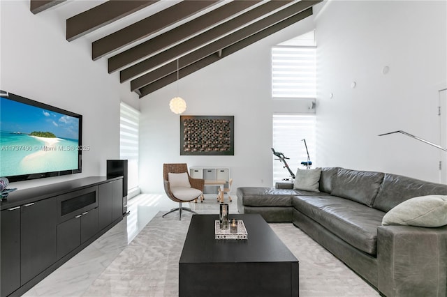 1251 Kane Concourse, Bay Harbor Islands, FL 33154 - living room featuring light marble finish flooring, beamed ceiling, and high vaulted ceiling