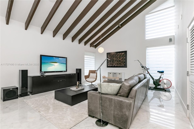 1251 Kane Concourse, Bay Harbor Islands, FL 33154 - living room featuring marble tiled flooring, high vaulted ceiling, and beam ceiling