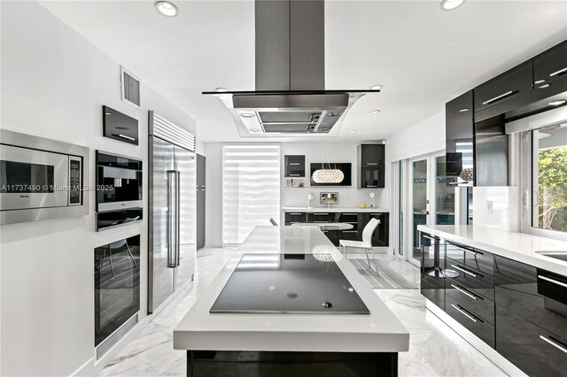 1251 Kane Concourse, Bay Harbor Islands, FL 33154 - kitchen with modern cabinets, island range hood, dark cabinets, stainless steel appliances, and recessed lighting