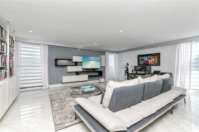 1251 Kane Concourse, Bay Harbor Islands, FL 33154 - living room with plenty of natural light, marble tiled floors, and recessed lighting