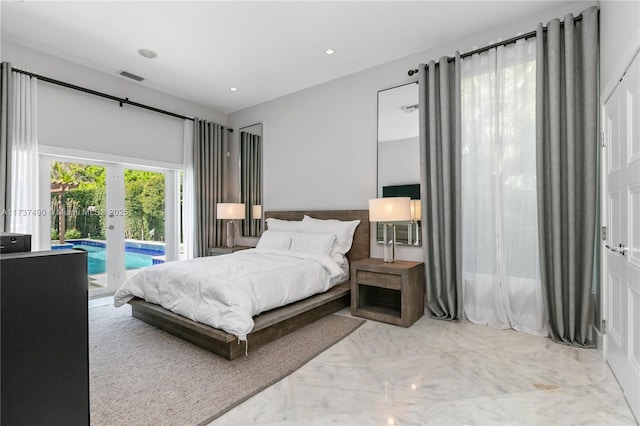 1251 Kane Concourse, Bay Harbor Islands, FL 33154 - bedroom with french doors, access to outside, marble tiled flooring, and recessed lighting