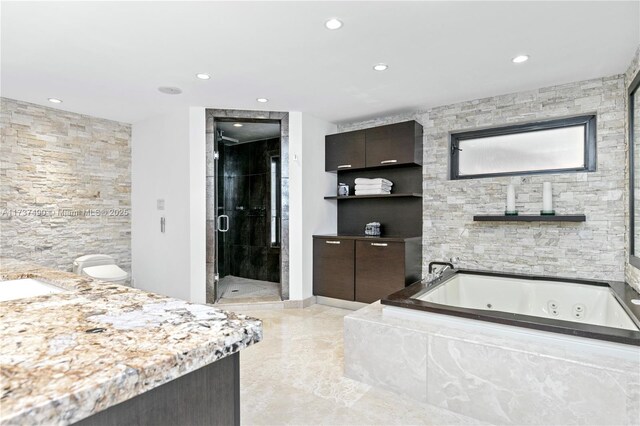 1251 Kane Concourse, Bay Harbor Islands, FL 33154 - full bath featuring vanity, a stall shower, recessed lighting, a jetted tub, and marble finish floors