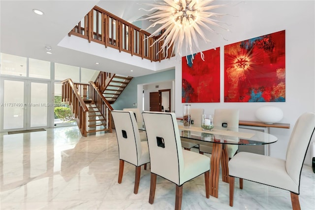 1251 Kane Concourse, Bay Harbor Islands, FL 33154 - dining space featuring stairway, marble tiled floors, a high ceiling, french doors, and recessed lighting