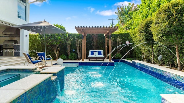 view of swimming pool featuring a pergola, a grill, a hot tub, pool water feature, and exterior kitchen