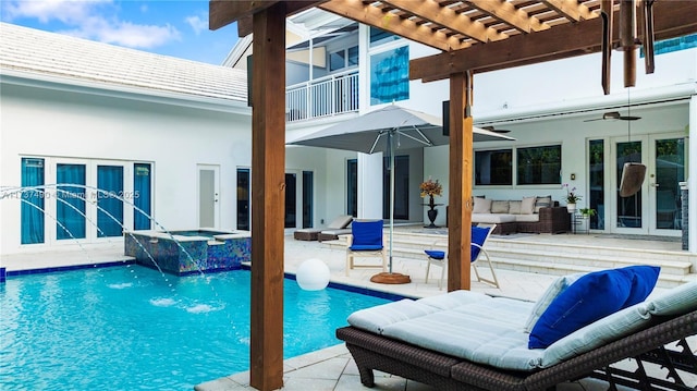 1251 Kane Concourse, Bay Harbor Islands, FL 33154 - view of pool with french doors, an outdoor living space, a pool with connected hot tub, a pergola, and a patio