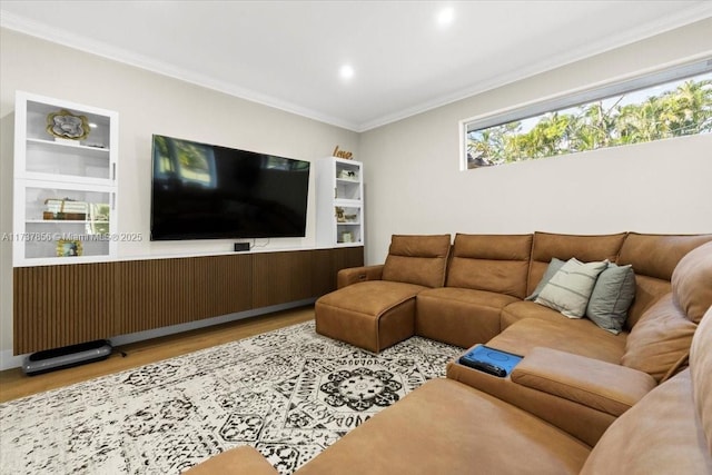 living room featuring crown molding and light hardwood / wood-style flooring