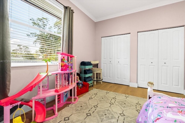 bedroom featuring crown molding, light hardwood / wood-style floors, and multiple closets