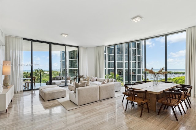 living room featuring expansive windows, a healthy amount of sunlight, and a water view