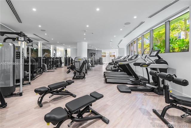 gym featuring light hardwood / wood-style flooring