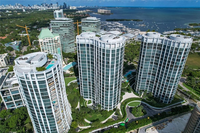 aerial view featuring a water view