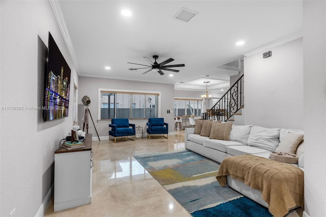 living room with ornamental molding and ceiling fan with notable chandelier