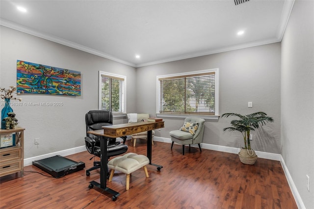 office with crown molding and dark hardwood / wood-style flooring