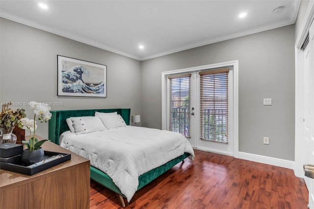 bedroom featuring access to outside, ornamental molding, and dark hardwood / wood-style floors