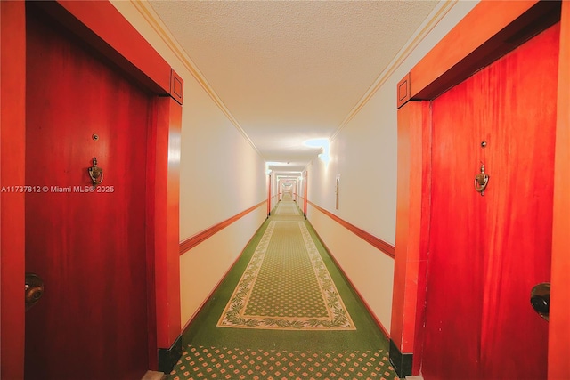 corridor with ornamental molding and a textured ceiling