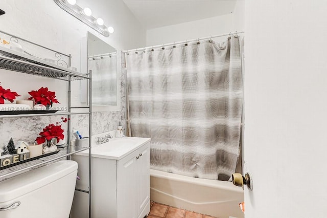 full bathroom featuring tile patterned flooring, vanity, shower / tub combo, and toilet