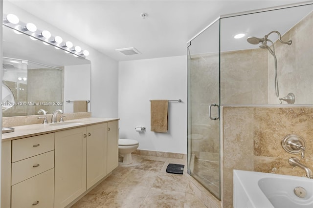 full bath featuring toilet, visible vents, vanity, a shower stall, and a bath