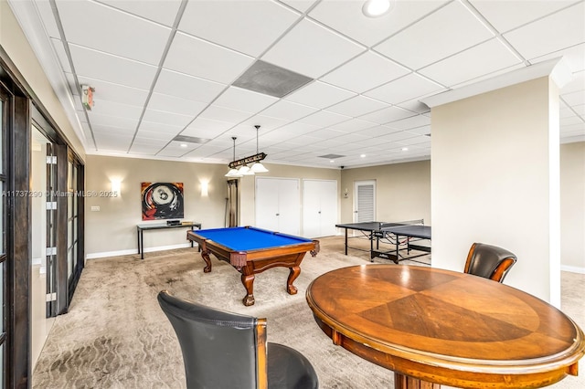 rec room featuring a paneled ceiling, light colored carpet, and pool table