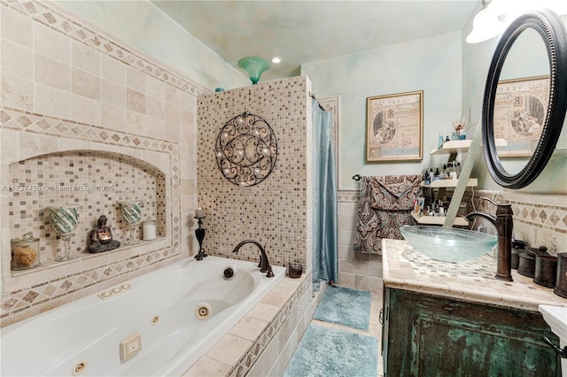 bathroom featuring tile patterned flooring, vanity, separate shower and tub, and tile walls