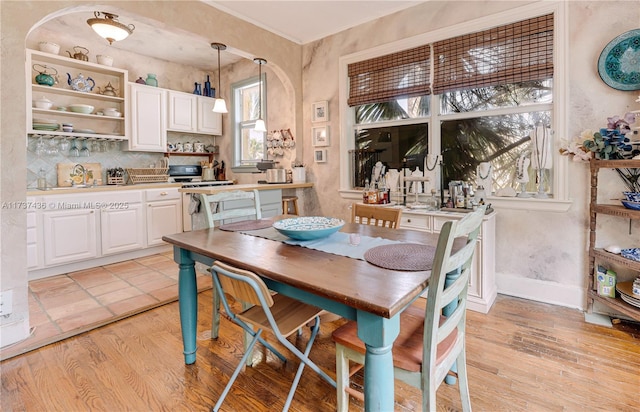 dining room with ornamental molding and light hardwood / wood-style floors