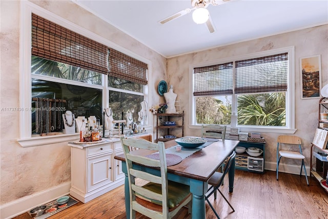 dining area with wood-type flooring and ceiling fan