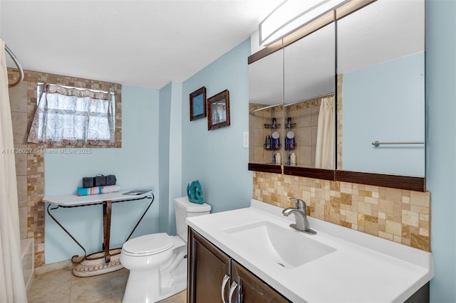 full bathroom featuring decorative backsplash, tile patterned flooring, vanity, toilet, and shower / bath combo