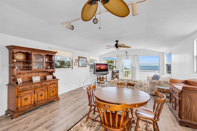 dining area featuring lofted ceiling, a wealth of natural light, ceiling fan, and light hardwood / wood-style flooring