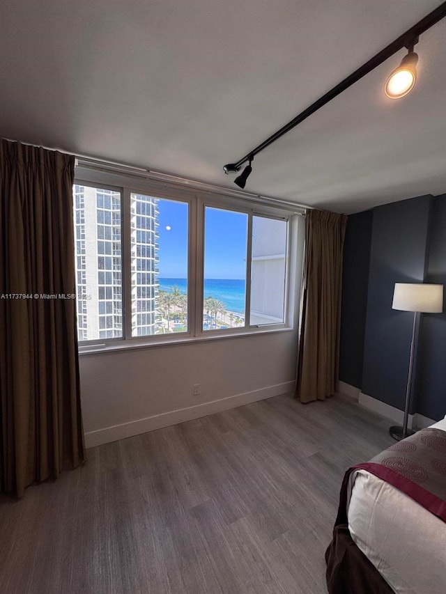 unfurnished bedroom featuring rail lighting and hardwood / wood-style floors