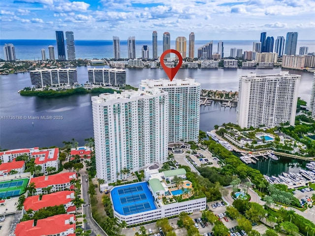 aerial view featuring a water view