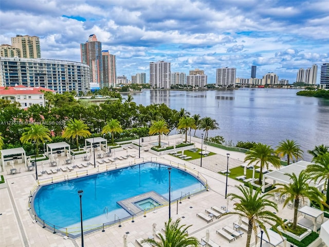 view of pool with a patio and a water view